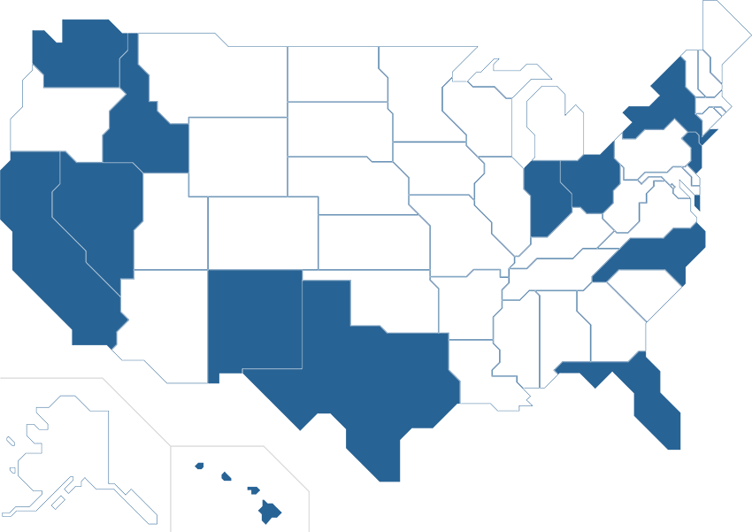 Map of USA with states CA, WA, ID, NV, NM, TX FL, IL, IN, NY, NJ and NC highlighted